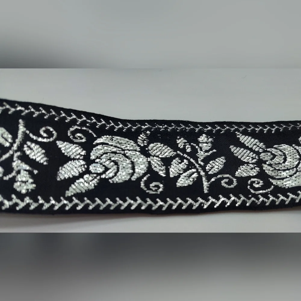 Vintage Japanese Black Silver Rose Jacquard Ribbon 1.25 Luxury Trim Two (2) Yard